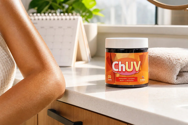 ChUV tanning gummies bottle on a sunlit vanity representing the ChUV vs Asuno tanning gummies comparison