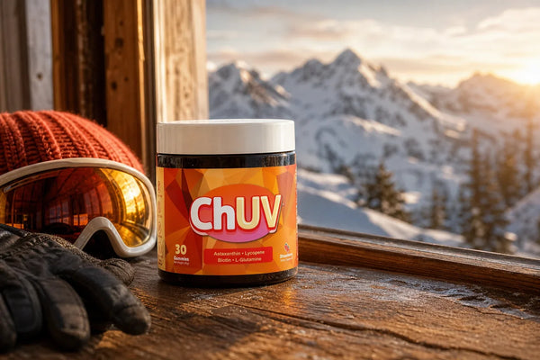 Skier's ChUV Tanning Gummies bottle resting on a snowy mountain lodge ledge, illustrating tanning gummies for skiers at high altitude