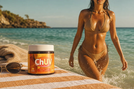 Saltwater & sweat resistant glow from ChUV Tanning Gummies at the beach