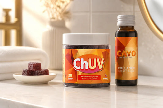 ChUV tanning gummies bottle next to a beauty drink on a sunlit bathroom vanity, comparing tanning gummies vs beauty drinks