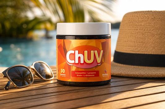 ChUV tanning gummies jar on a sun-drenched poolside table with sunglasses and a straw hat, tanning gummies vs collagen gummies