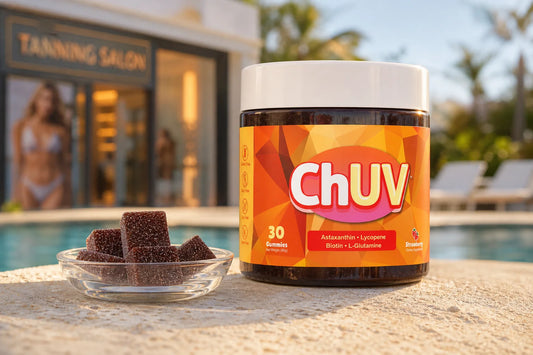 ChUV Tanning Gummies bottle beside a sunlit poolside scene representing the european sunbeds vs tanning gummies choice for a safer glow