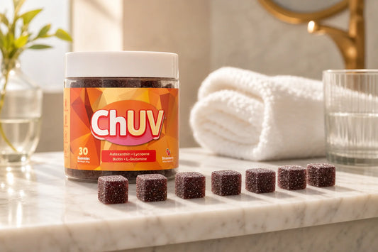 Jar of ChUV Tanning Gummies with a week's worth of gummies lined up on a sunlit bathroom counter, representing week 1 of tanning gummies