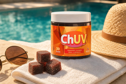 ChUV tanning gummies bottle at a sun-drenched poolside setting representing the two-ingredient tanning gummy formula