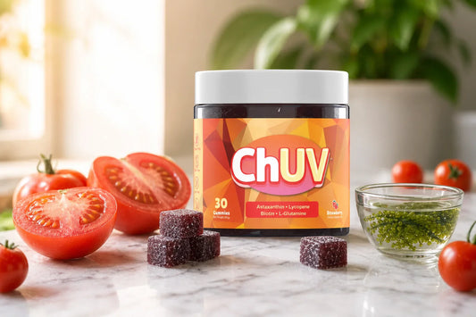 ChUV vegan tanning gummies jar surrounded by fresh tomatoes and microalgae on a marble surface