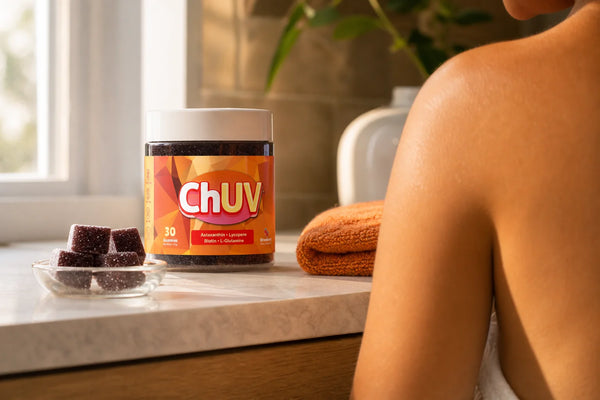ChUV Tanning Gummies bottle on a sunlit bathroom shelf illustrating what happens when you stop taking tanning gummies