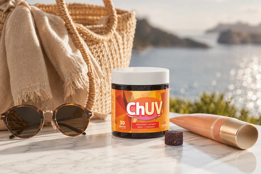 ChUV tanning gummies jar in lifestyle beach flat lay showing where to buy tanning gummies