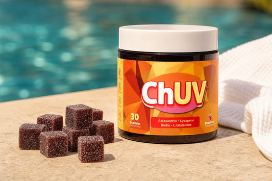 ChUV tanning gummy jar displayed poolside with dark reddish-purple cube gummies scattered nearby, illustrating why ChUV sold out 3 times
