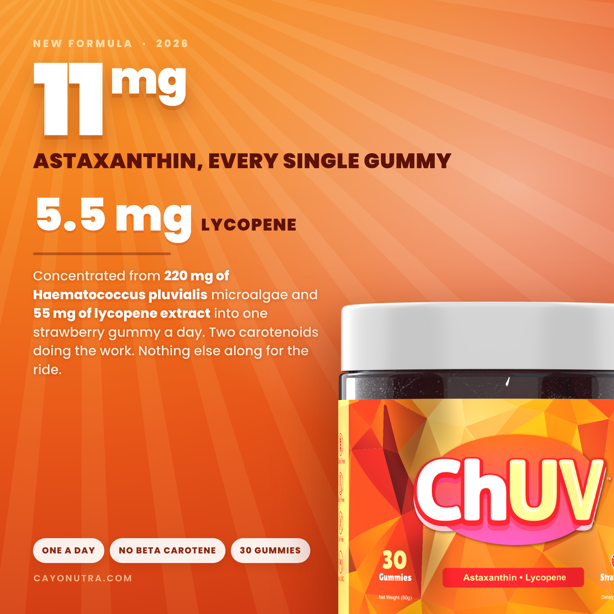 11 mg of astaxanthin and 5.5 mg of lycopene in every ChUV gummy