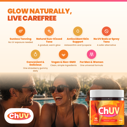 ChUV benefits: sunless tanning, natural sun-kissed tone, antioxidant skin support, vegan and non-GMO