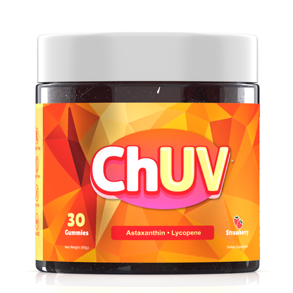 ChUV tanning gummies jar, front, 30 strawberry gummies with astaxanthin and lycopene