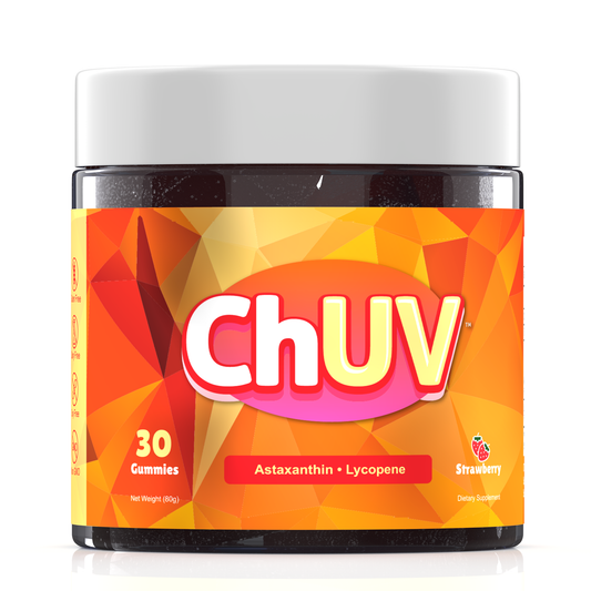 ChUV tanning gummies jar, front, 30 strawberry gummies with astaxanthin and lycopene
